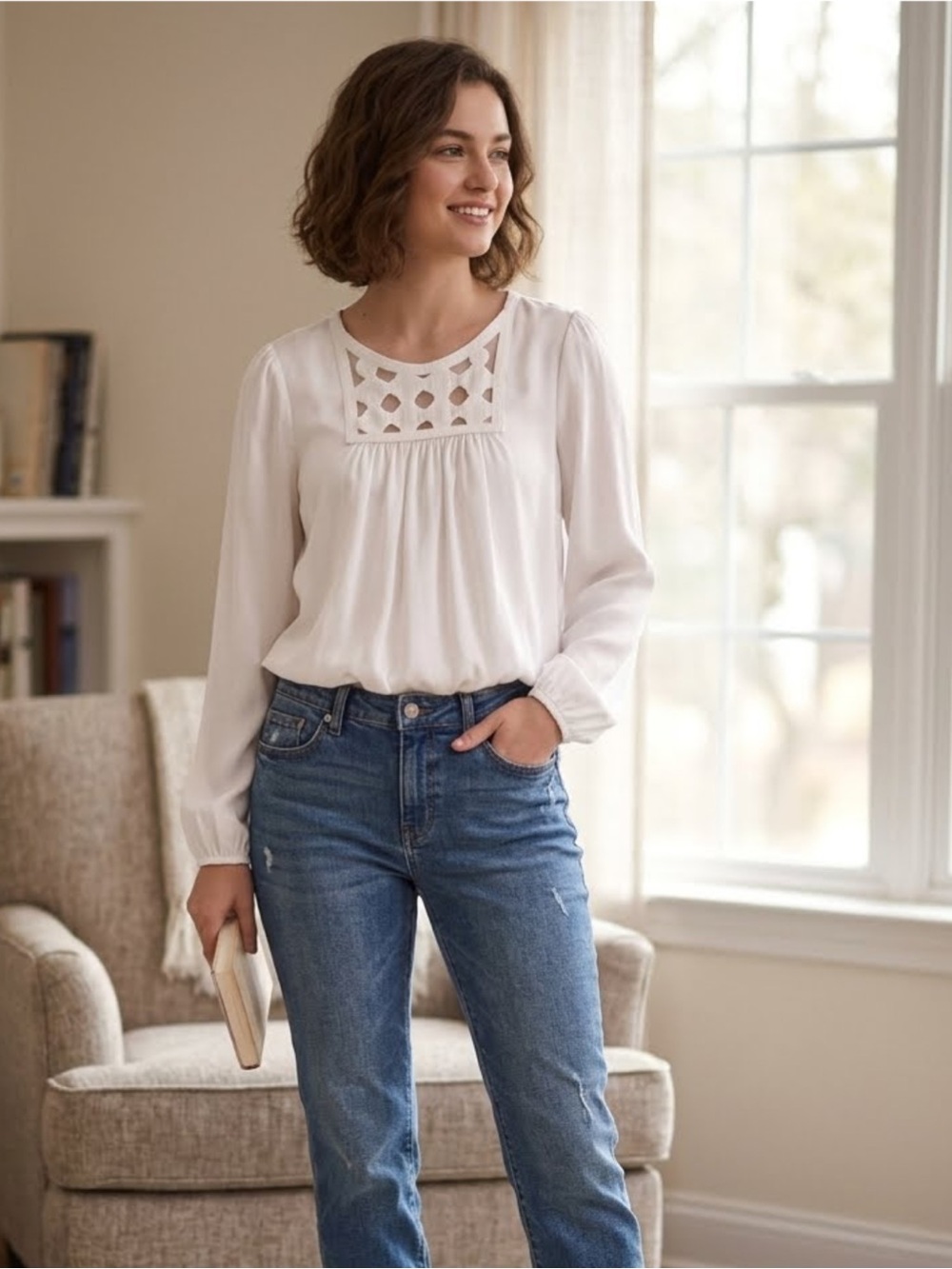 Studio M Peasant Bubble Hem Blouse with Lace Yoke White Large